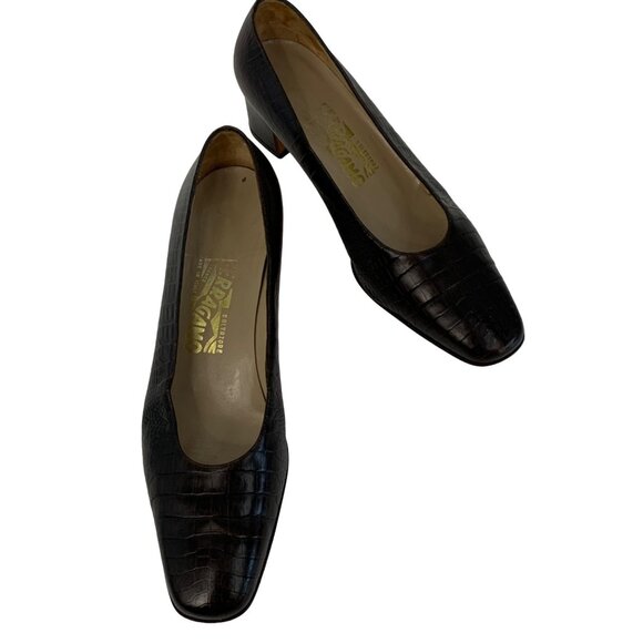 VTG 8.5B Ferragamo Croc Embossed Brown Leather Pumps 7891 Chunky Heel Career - Picture 8 of 12